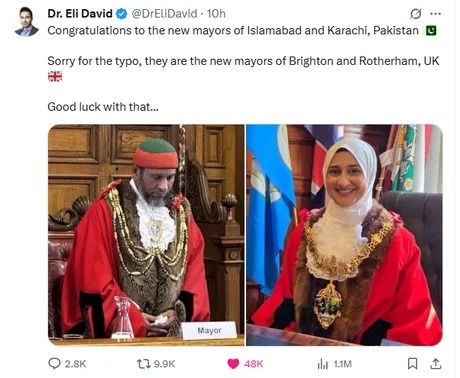 ﻿Dr: Eli David @DrEliDavid IOh Congratulations the nev mayors siamadad and Karachi; Pakistan Sorry for the typo, they are the new mayors of Brighton and Rotherham; UK Good luck witn that_ aivar 2-8K 9.9k 48k