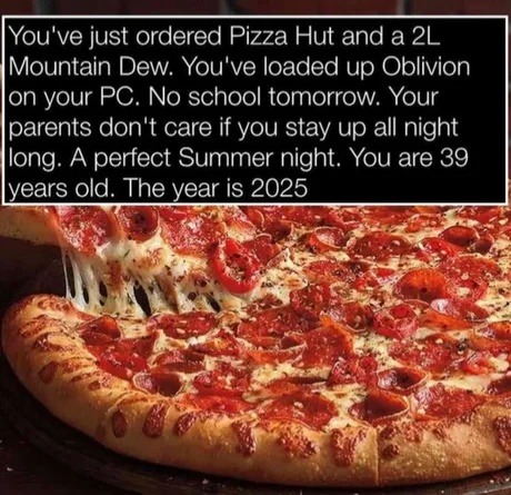 ﻿You’ve just ordered Pizza Hut and a 2L Mountain Dew. You’ve loaded up Oblivion on your PC. No school tomorrow: Your lparents don’t care if you up all night long: A perfect Summer night: You are 39 years old. The year is 2025 stay