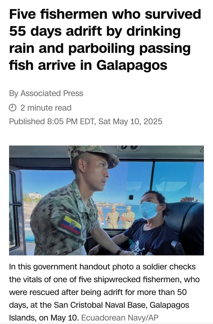 5 fishermen survived 55 days adrift on rain and raw fish - meme