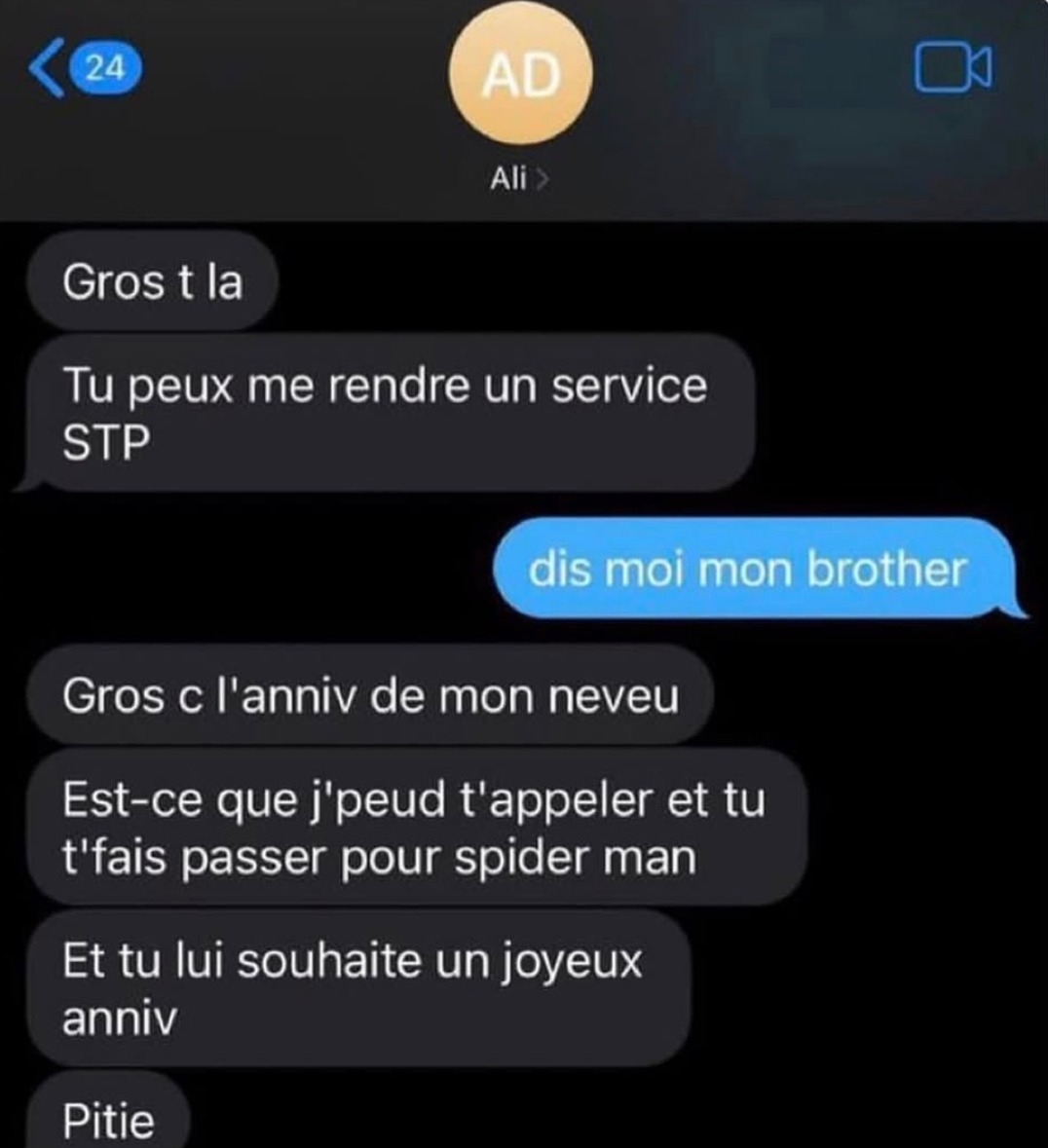 Yo frérot, tu peux te faire passer pour Spider-Man pour mon neveu ? - meme