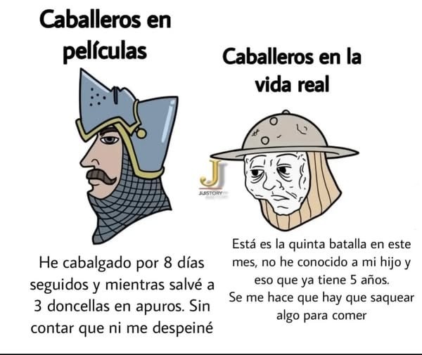 Caballeros en pelis vs caballeros con deudas y tendinitis - meme