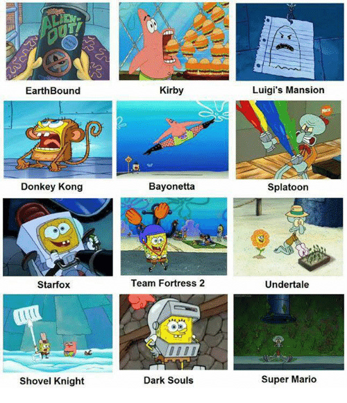 Various videogames represented by spongebob - meme