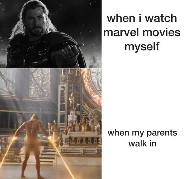 watching movies alone vs with my parents - meme