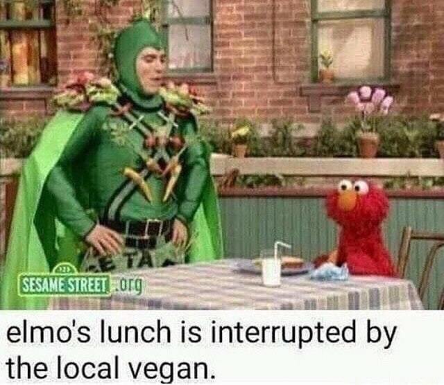 Elmo's lunch is interrupted by the local vegan - meme
