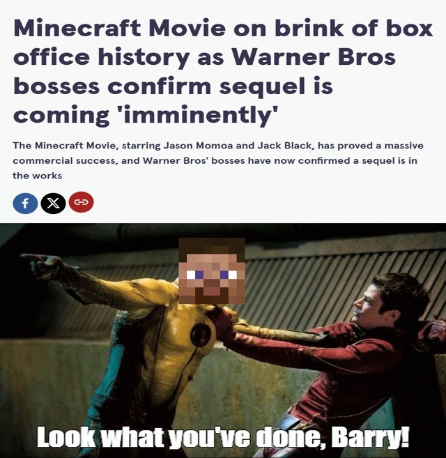 Minecraft movie gets a sequel and I blame you, Barry - meme