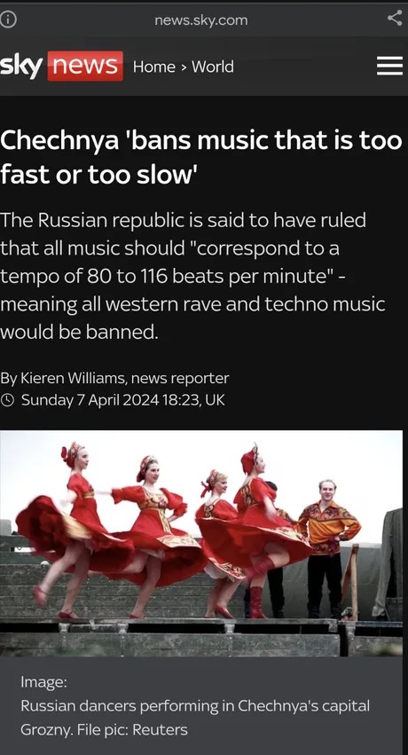 Chechnya bans music that is too fast or too slow - meme