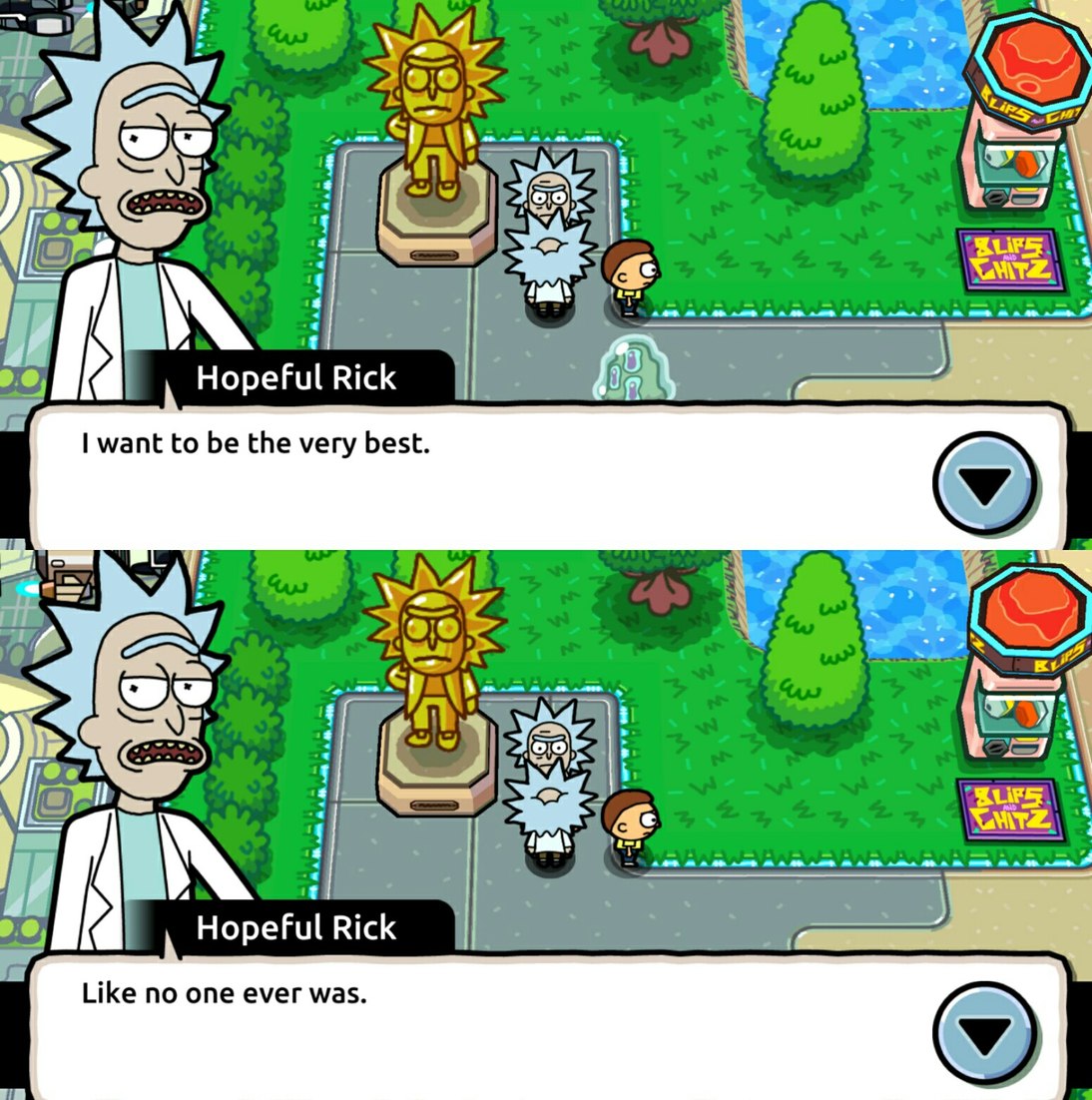 Pokemon reference in the Rick and mortys pokemon game app  - meme