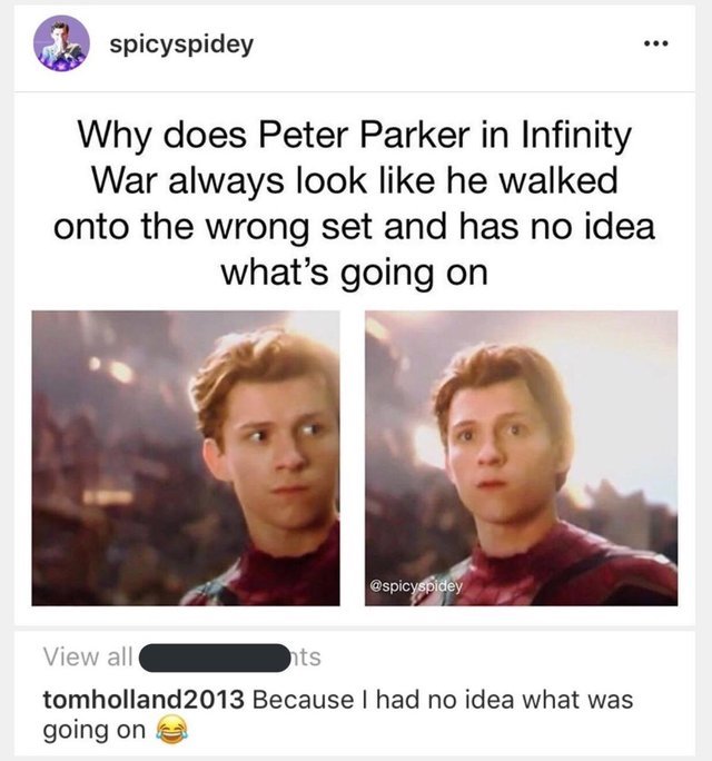 Why does Peter Parker always look like he walked onto the wrong set and has no idea what's going on - meme