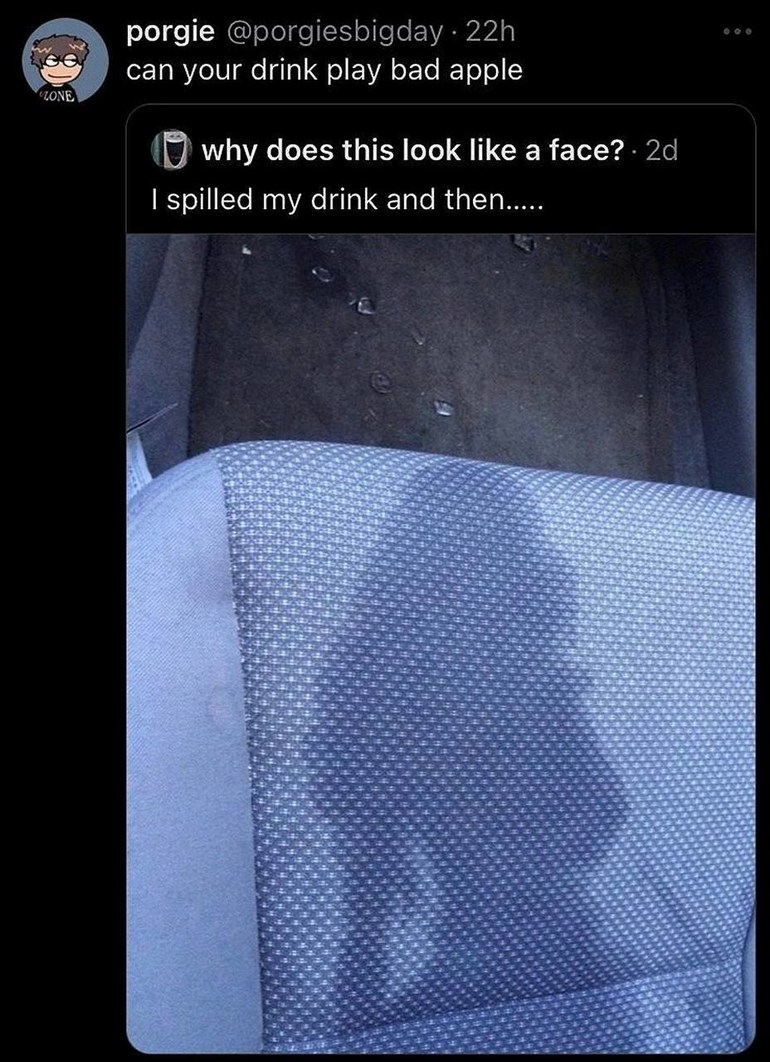 Spilled drink said boo and gave me a face - meme