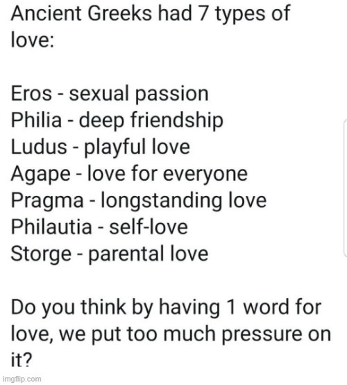 Ancient Greeks had 7 types of love - meme
