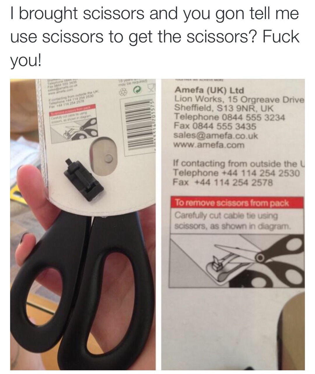 Insane packaging: needing scissors to unpack the scissors - meme