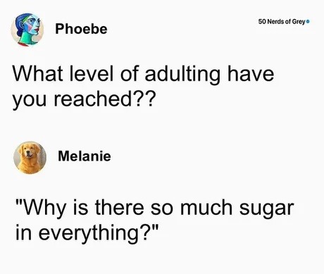 Adulthood is just realizing sugar is in everything - meme