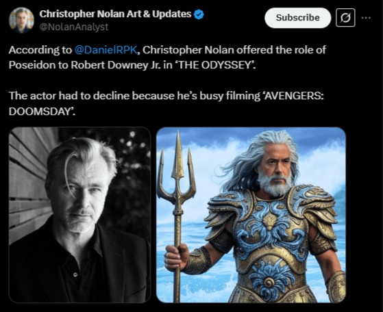 Rdj will not be Poseidon in the Odyssey movie - meme