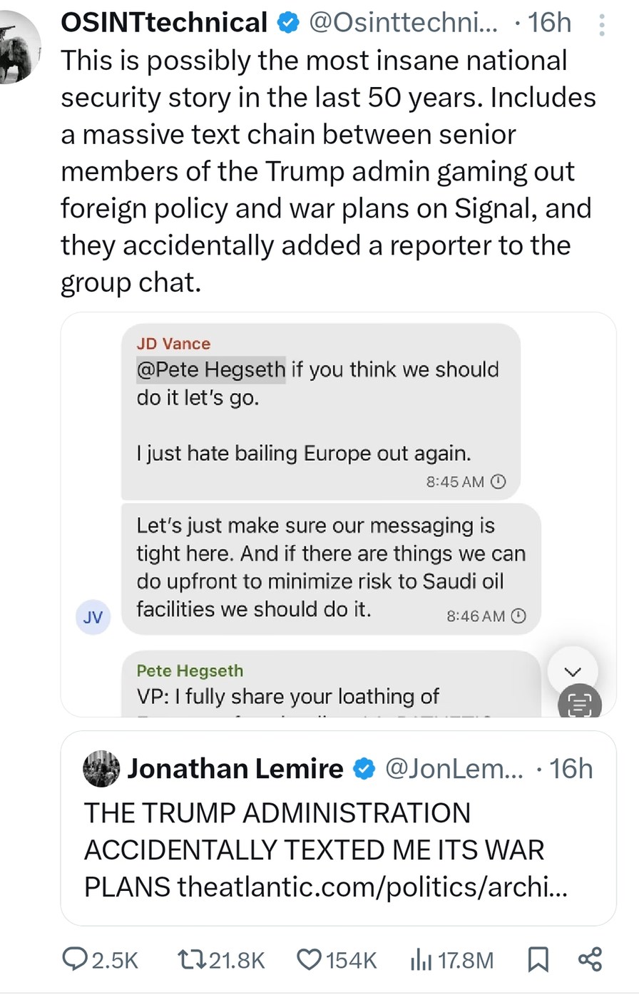 When the Trump admin accidentally drops war plans in a group chat - meme