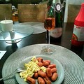 Wine, mini sausages and scrambled eggs. Perfect combination. :)