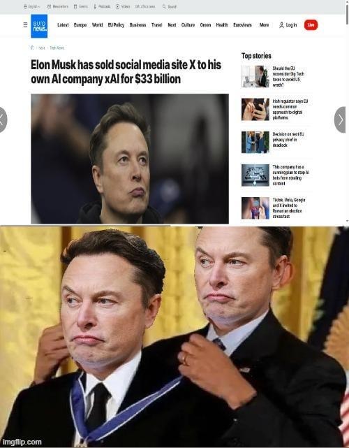 Elon Musk sells X to his own AI company for $33 billion - meme