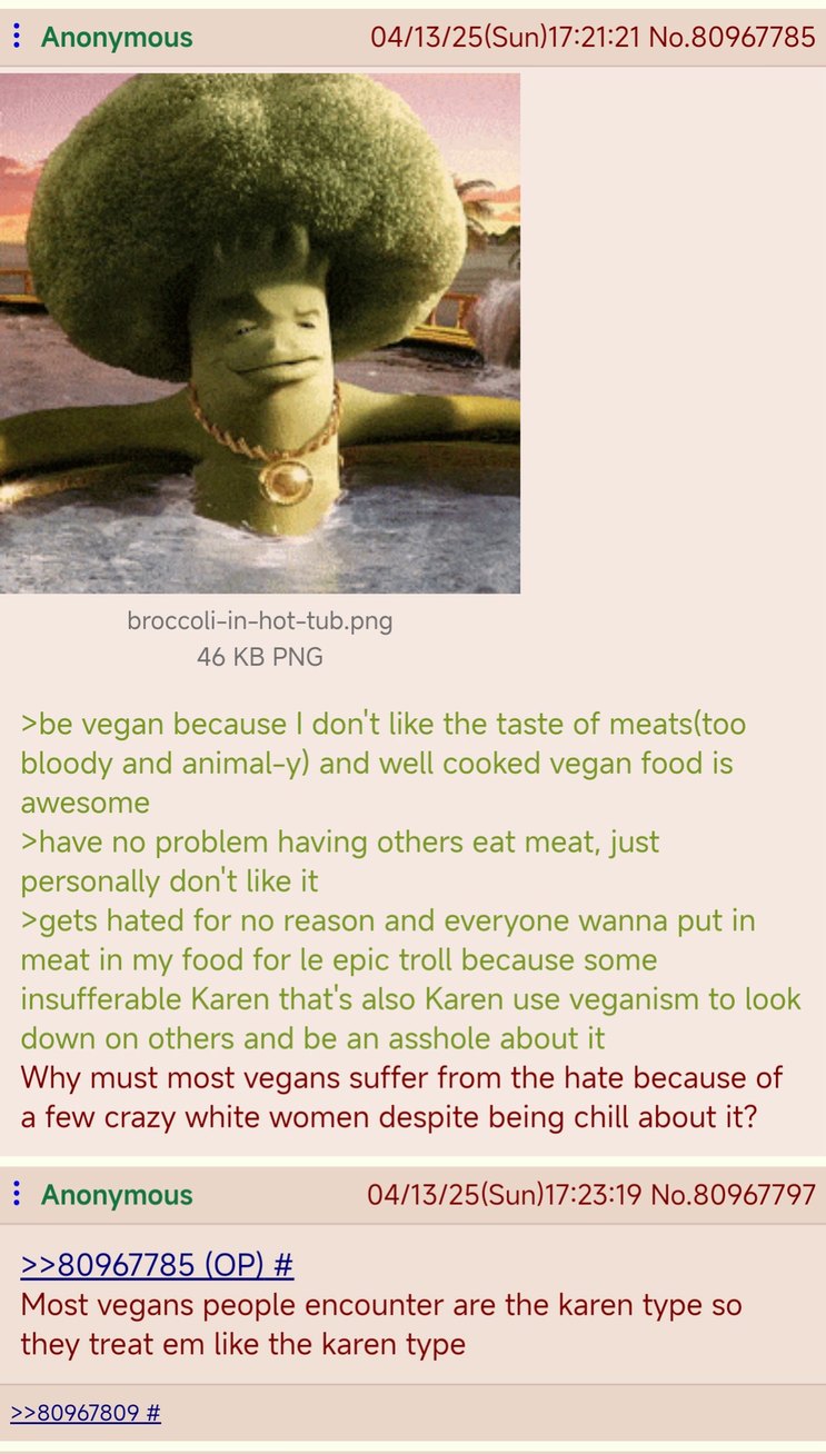 Being a chill vegan but still getting roasted cause Karen ruined it for everyone - meme