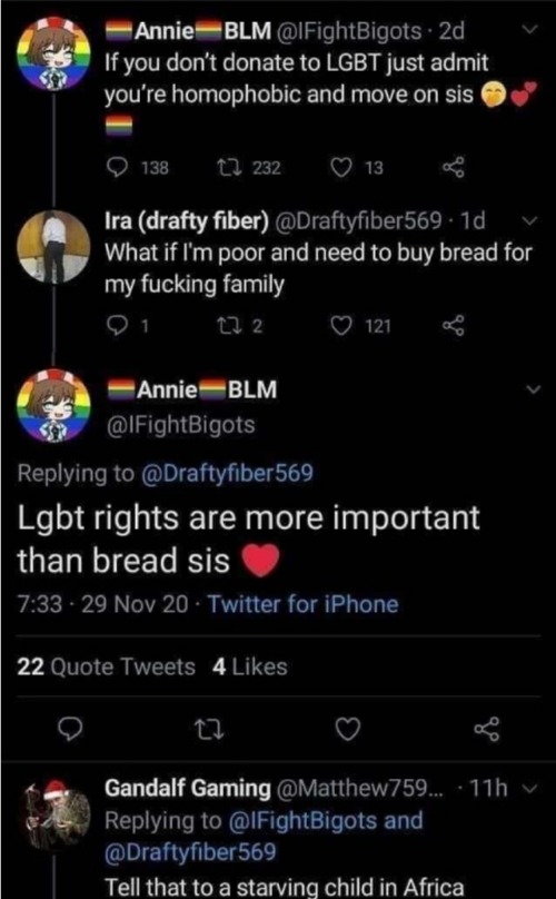 Highly doubt that LGBT rights are more important than bread. - meme