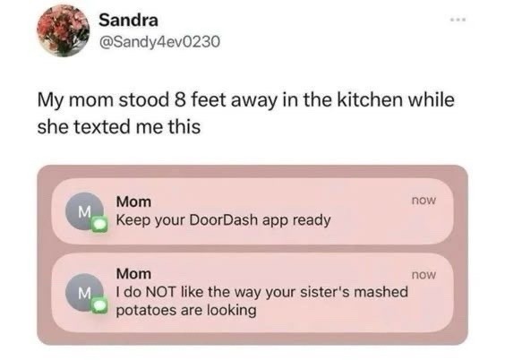 Mom texting from across the room like it’s CIA ops - meme