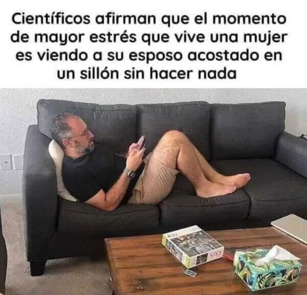 El mayor estrés para una mujer: ver al marido tirado sin hacer nada - meme