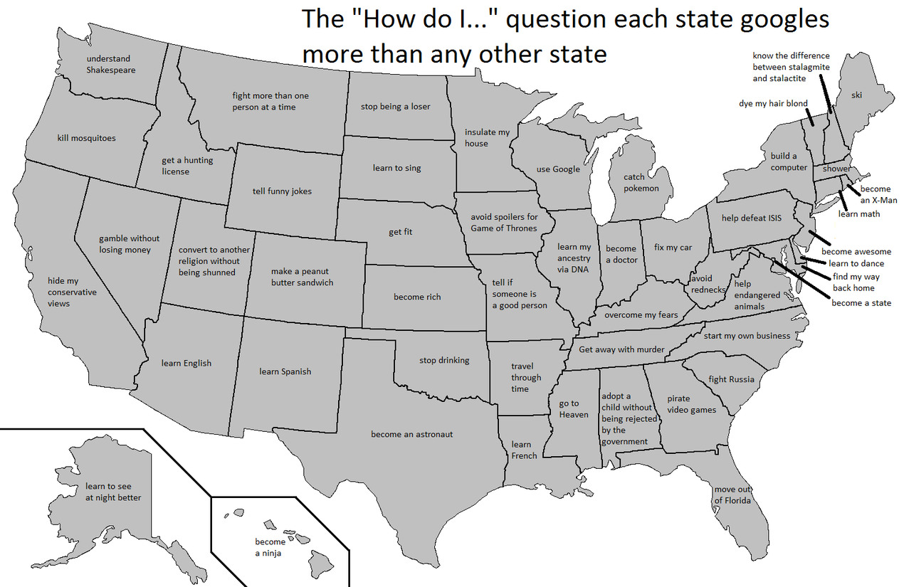 Most asked questions on google by state. - meme