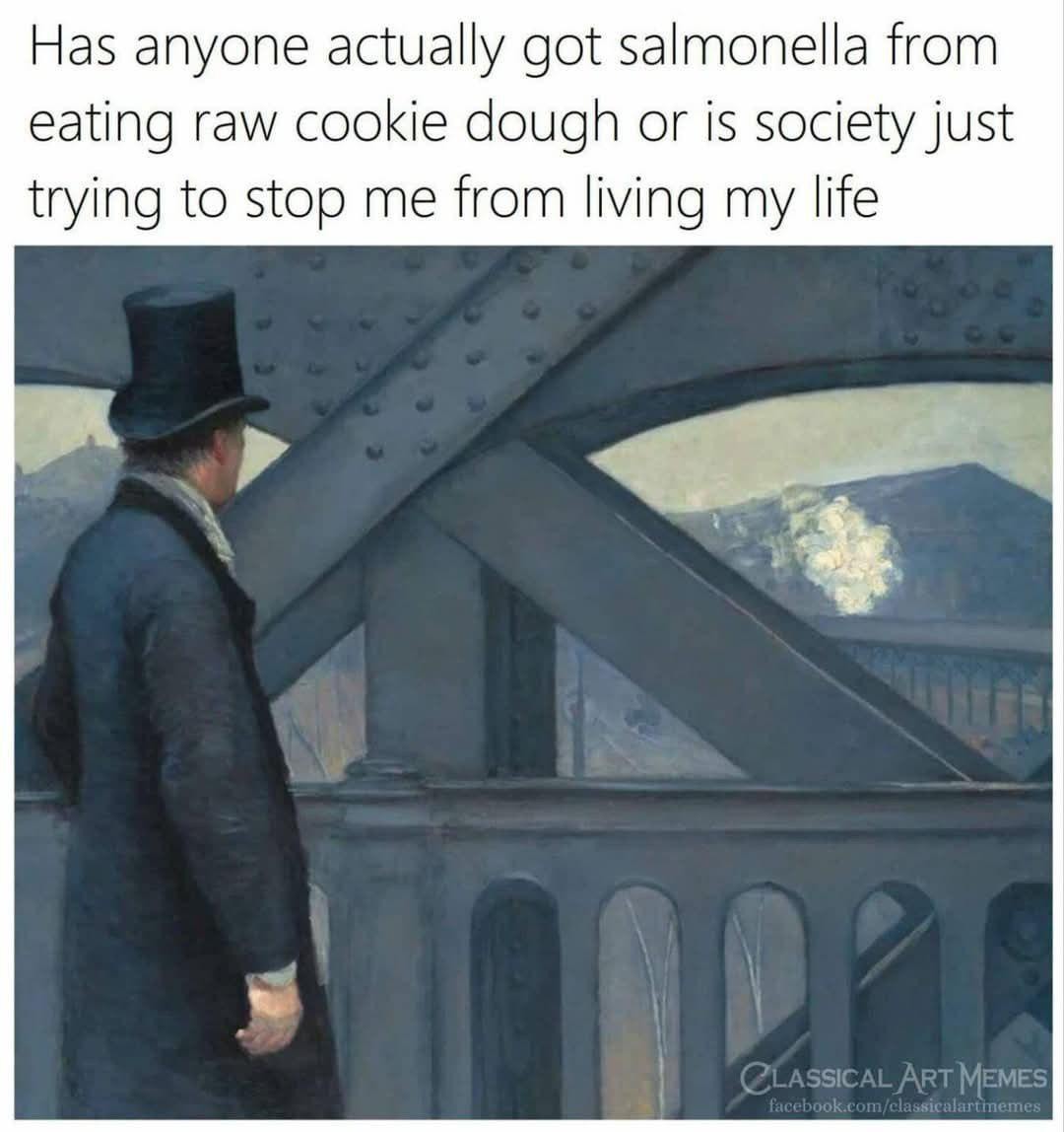 ﻿Has anyone actually got salmonella from eating raw cookie dough or is society just trying to stop me from living my life CLASSICAL ART MEMES T facebook comfclassicalartmnemes