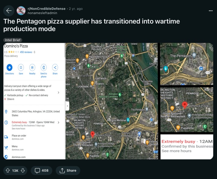 Pentagon pizza orders meme