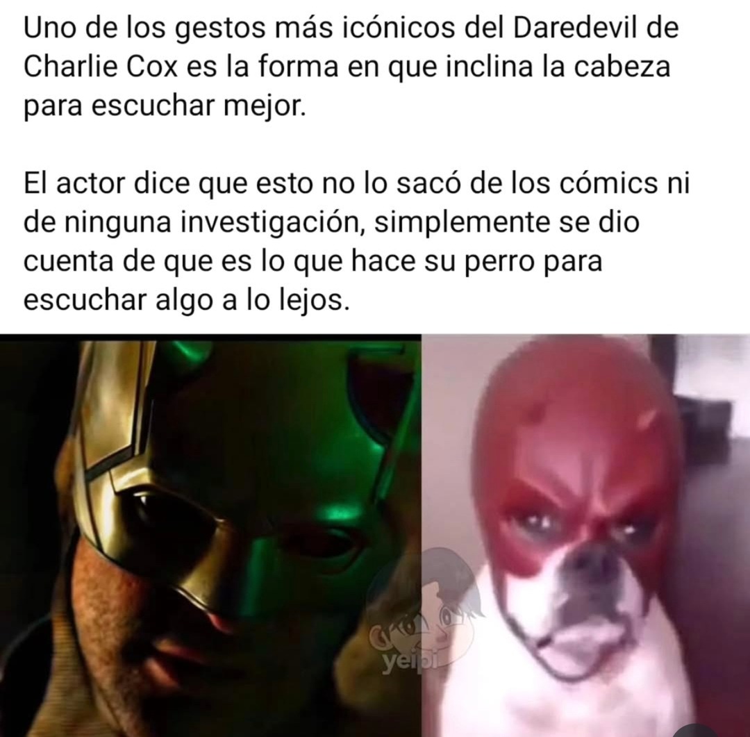 Meme del Daredevil que escucha como perrito