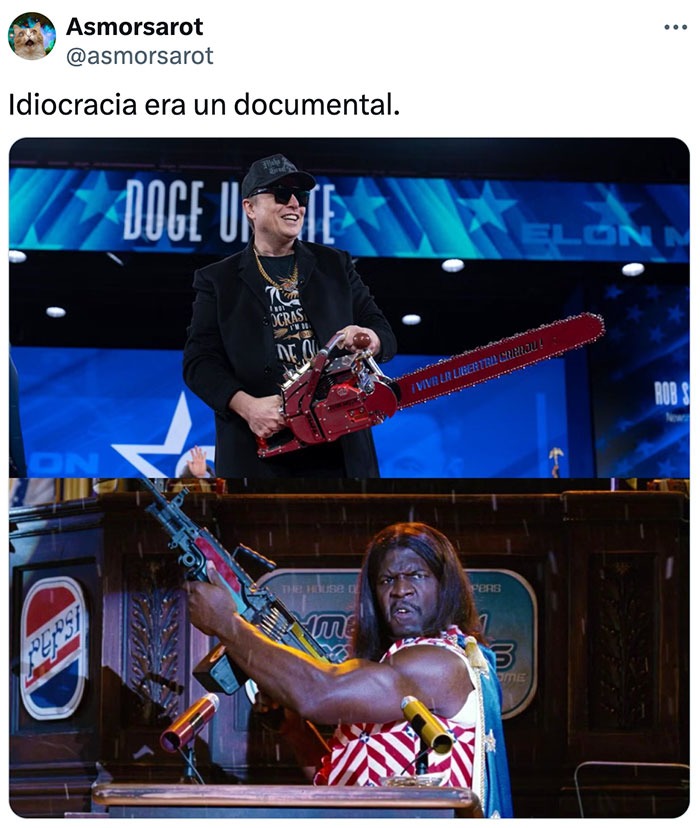 Meme de Elon Musk con una motosierra