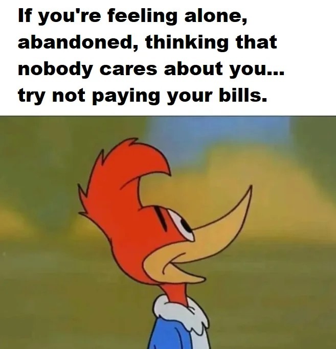 If you're feeling alone… try paying your bills - meme