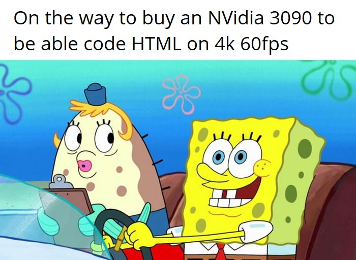 Technically, it is not HTML in itself that's a problem but to be able to render VHD images in 4K or higher resolution. What OP is referring to here is the 3090's RT capabilities that are not used in web rendering at all, therefore a waste of money - meme