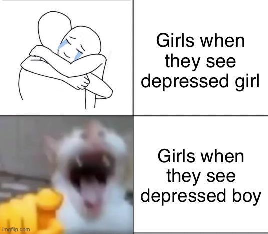 Girls when a girl is sad vs girls when a guy is sad - meme