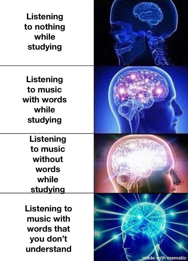 Studying with music, different cases - meme