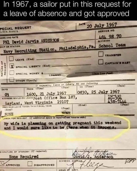 1967 sailor requesting leave like it’s a romcom plot - meme
