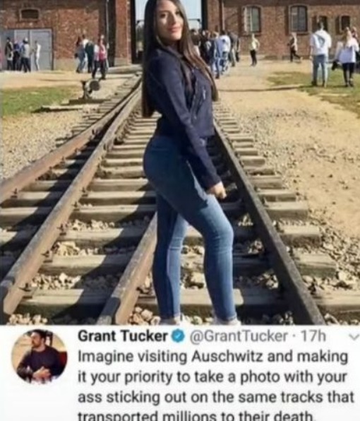 Traducción: Imagina visitar Auschwitz y hacer tu prioridad tomarte una foto con tu sacando trasero en las mismas vías donde transportaron millones a su muerte - meme