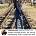 Traducción: Imagina visitar Auschwitz y hacer tu prioridad tomarte una foto con tu sacando trasero en las mismas vías donde transportaron millones a su muerte