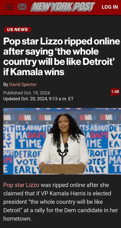 Recent news about Lizzo says she's getting roasted for saying the country will be like Detroit if Kamala wins - meme