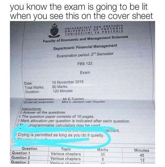 You know the exam is going to be lit when you see this on the cover sheet - meme