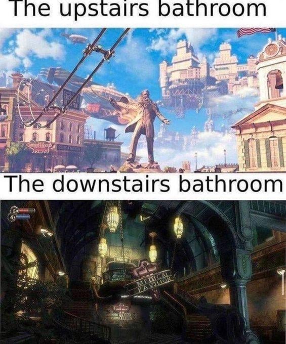 Upstairs vs downstairs bathroom - meme