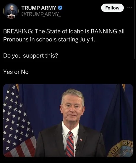 Idaho is banning all pronouns in schools - meme