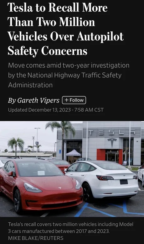 Tesla to recall 2 million vehicles over autopilot safety concerns - meme