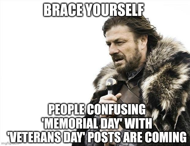 Brace yourself for people mixing up Memorial and Veterans Day again - meme