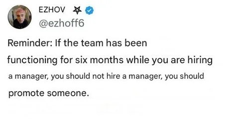 ﻿EZHOV ezhoff6 Reminder: If the team has been functioning for six months while you are a manager; you should hire a manager; you should promote someone_ hiring not