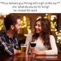 Pizza delivery guy flirting with a girl at the bar