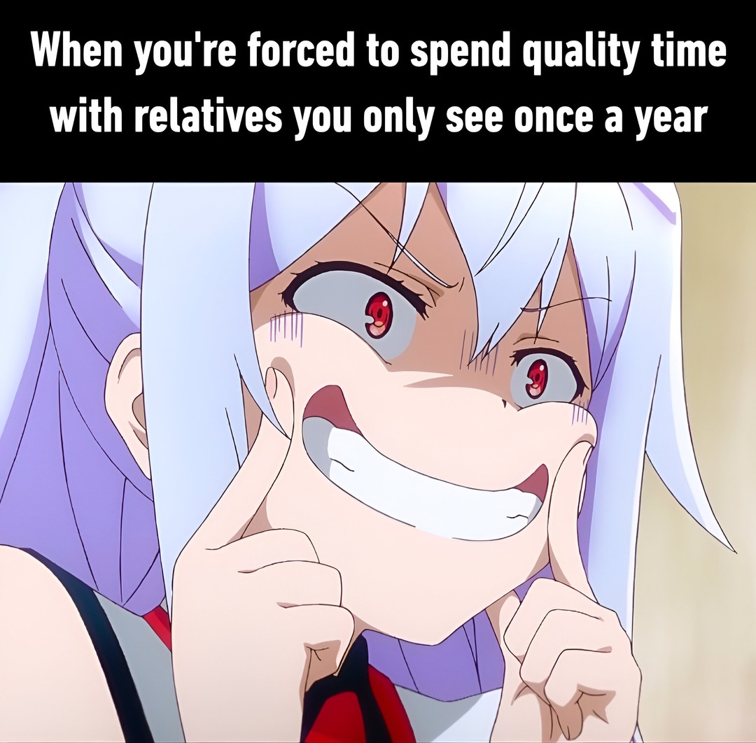 Pretending to enjoy being with relatives you see once per year - meme