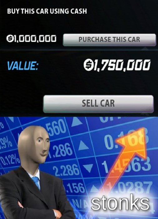 Contexto: El auto cuesta 1.000.000, pero cuando lo vendes ganas 1.750.000 - meme