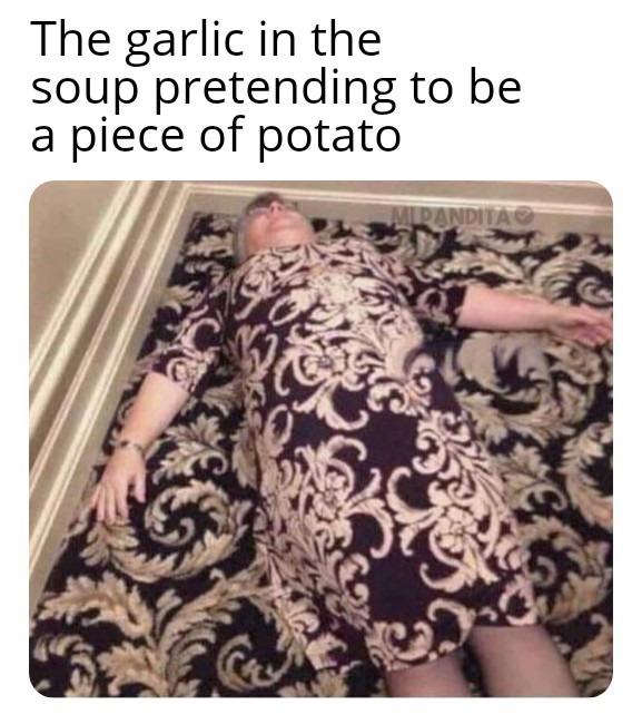 The garlic in the soup pretending to be a piece of potato - meme