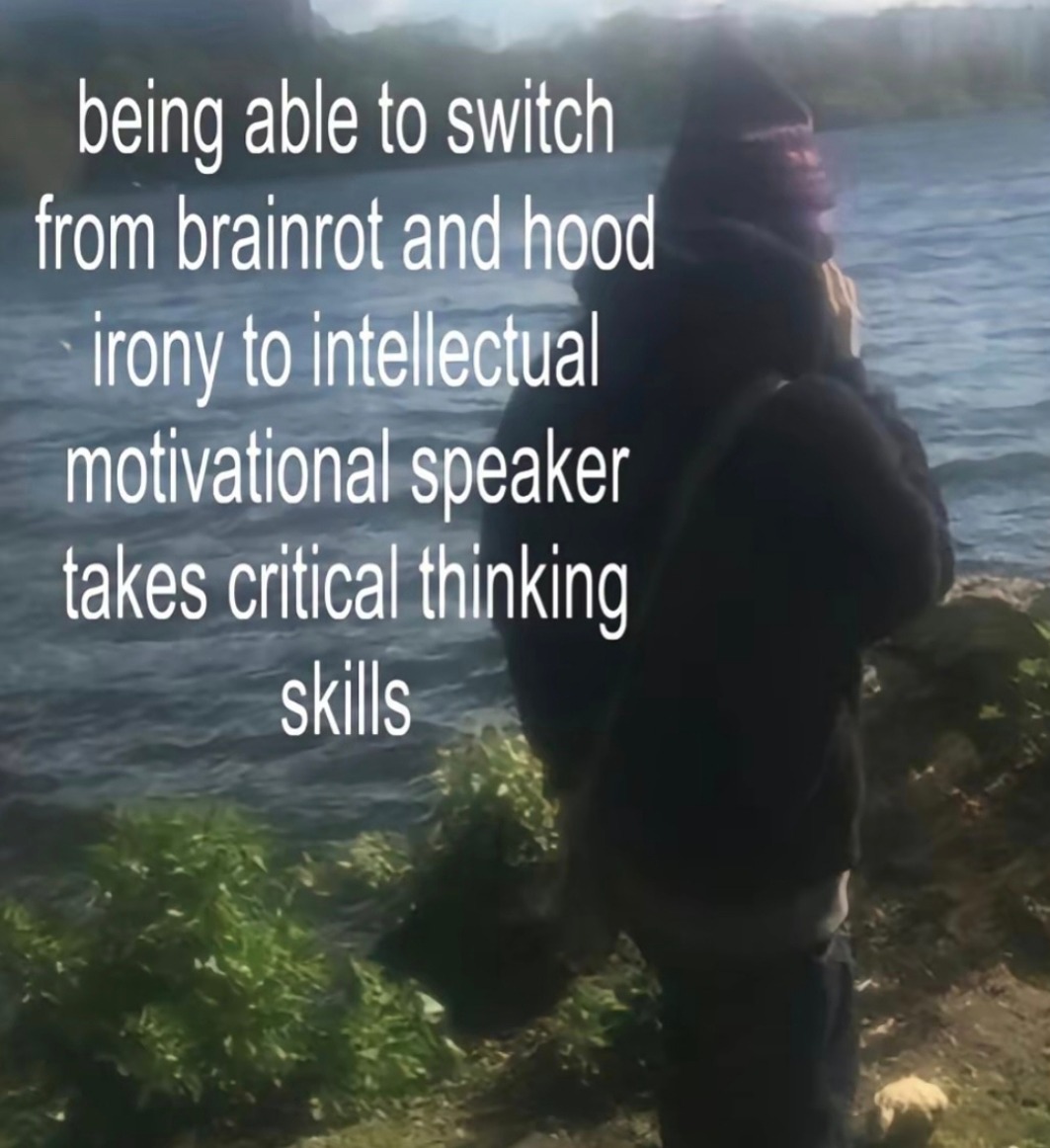 Switching from hood irony to motivational speaker is an elite skill - meme