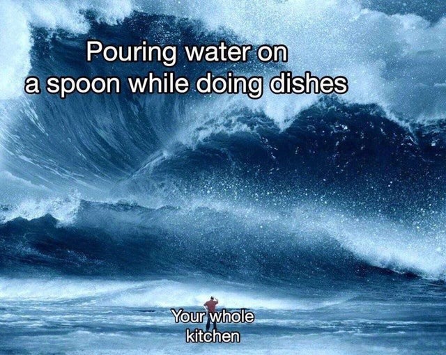 Pouring water on a spoon while doing dishes - meme