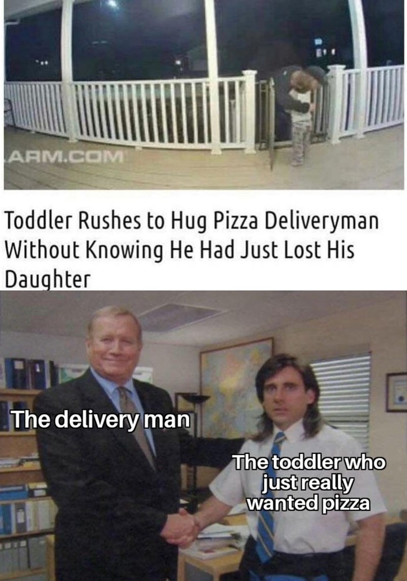 wholesome news article meme about a toddler that hugged the pizza deliveryman